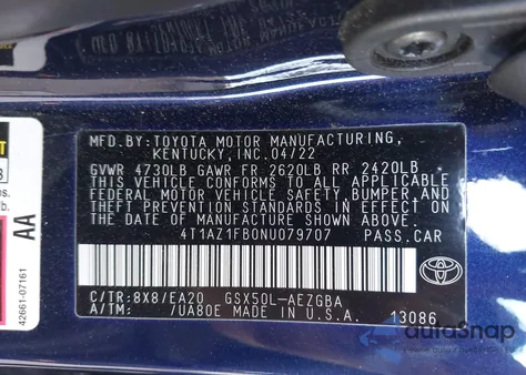 2022 Toyota Avalon Xle from USA, damaged, VIN 4T1AZ1FB0NU079707
